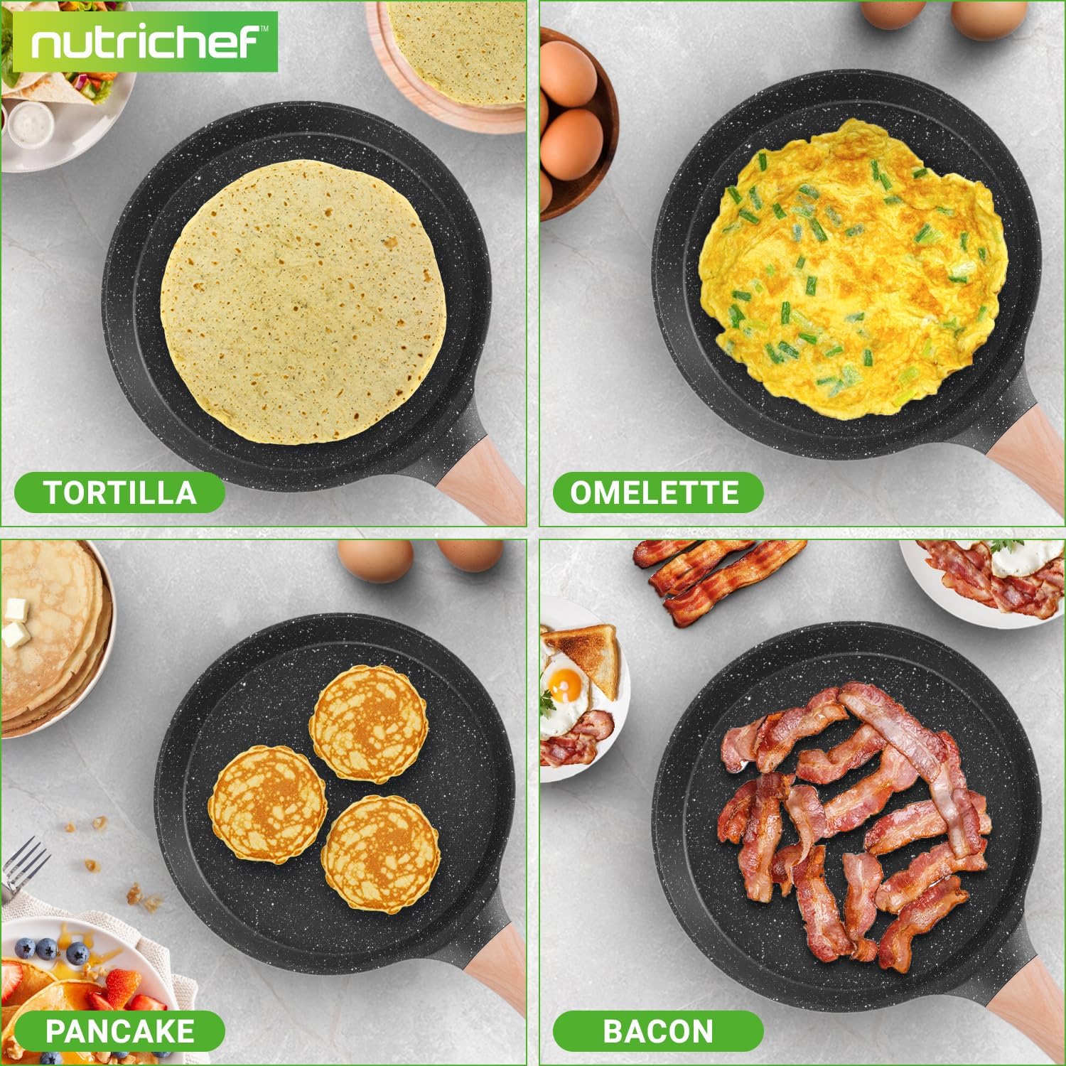UrbanPantry: 9.45” Non-Stick Crepe Pan with Wooden Spreader, Durable Marble Coated Dosa Pan, Bakelite Handle and Induction Bottom, PFOA/PFOS Free, Dishwasher Safe, Even Heat Distribution (Black Marble)