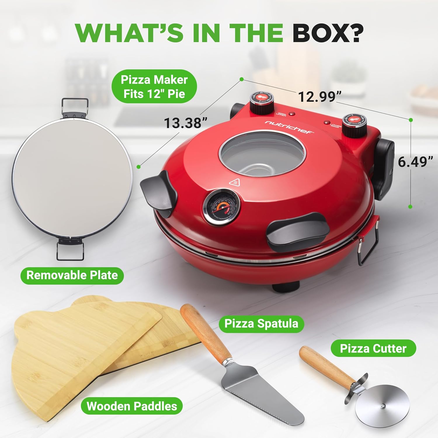 UrbanPantry:  Electric Pizza Oven | 12 Inch Countertop Pizza Maker with Temperature Control & Thermometer | Viewing Window for Precise Cooking | Heats up to 800F | Easy to Clean Non-Stick Stone | White