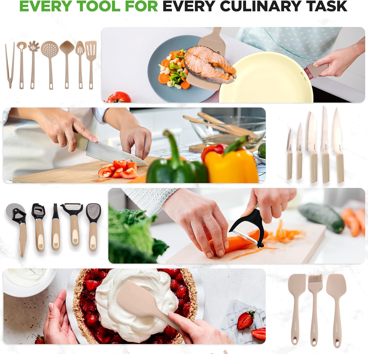 UrbanPantry:  75-Piece Non-Stick Pots and Pans Set, Complete Ceramic Cookware Set with Bakeware, Utensils, Knife Set, & Accessories, Stain-Resistant, Food-Grade Safe, Cream/Brown
