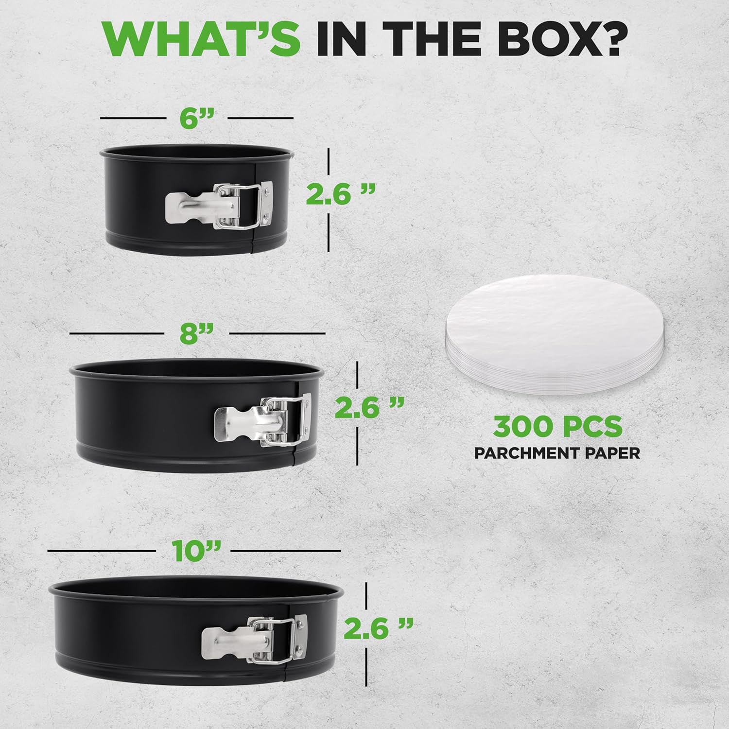 UrbanPantry: 3 Piece Nonstick Springform Pan Set | 3 Tiered Sizes 6, 8 & 10 Inch Pans | Carbon Steel Cheesecake Pans | Stainless Steel Clasps | Oven Safe to 450 F | Includes 300 Parchment Papers | Black