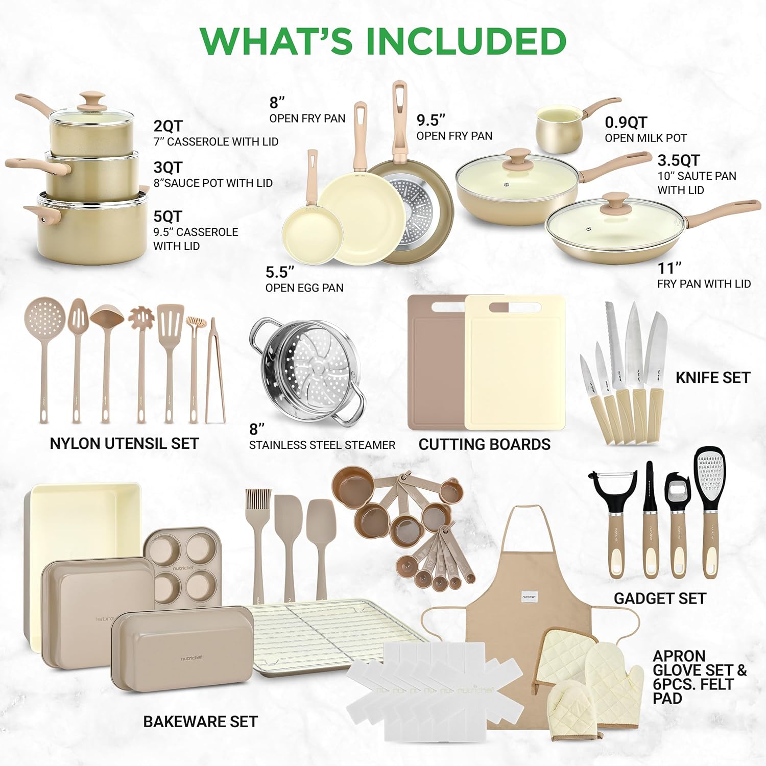 UrbanPantry:  75-Piece Non-Stick Pots and Pans Set, Complete Ceramic Cookware Set with Bakeware, Utensils, Knife Set, & Accessories, Stain-Resistant, Food-Grade Safe, Cream/Brown