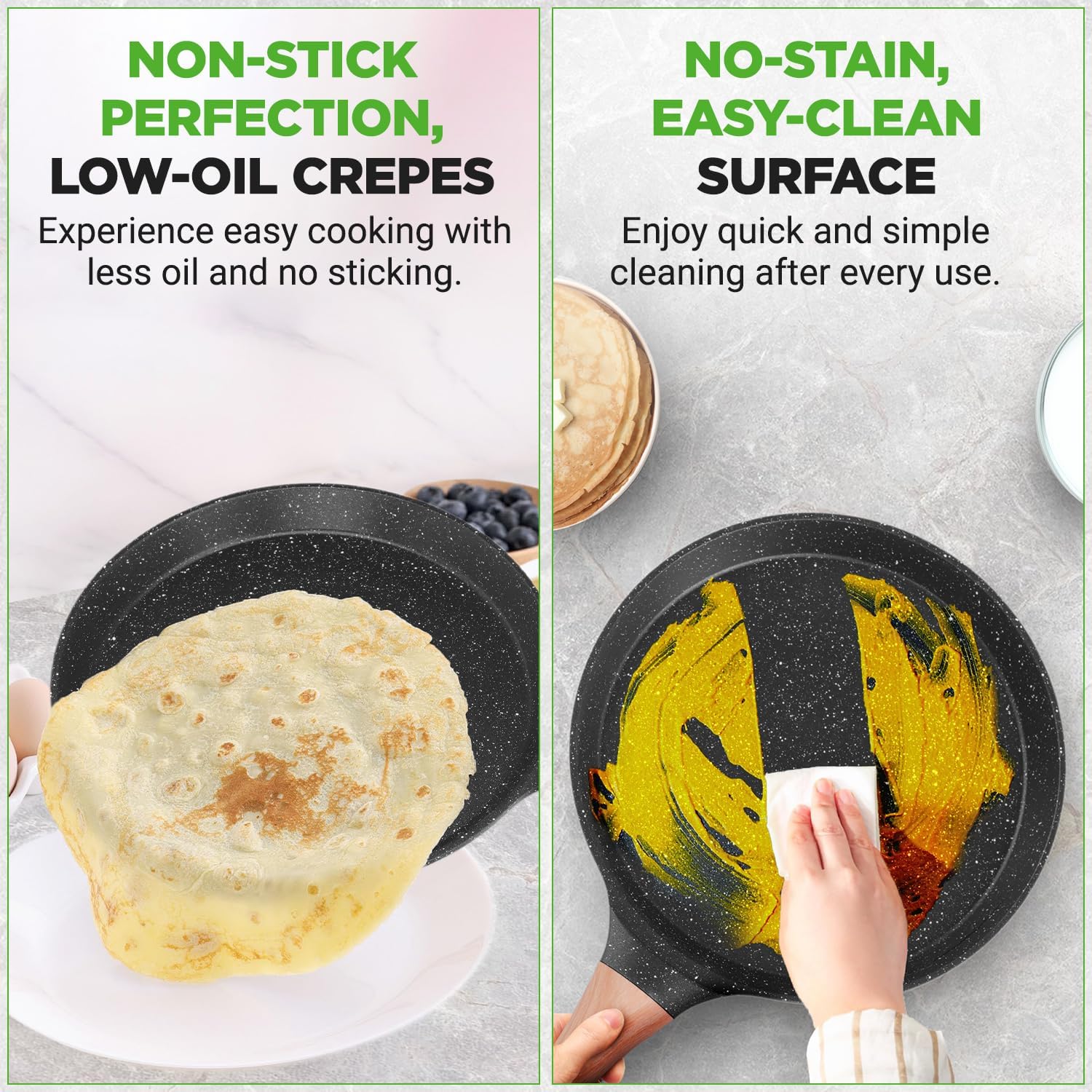 UrbanPantry: 9.45” Non-Stick Crepe Pan with Wooden Spreader, Durable Marble Coated Dosa Pan, Bakelite Handle and Induction Bottom, PFOA/PFOS Free, Dishwasher Safe, Even Heat Distribution (Black Marble)