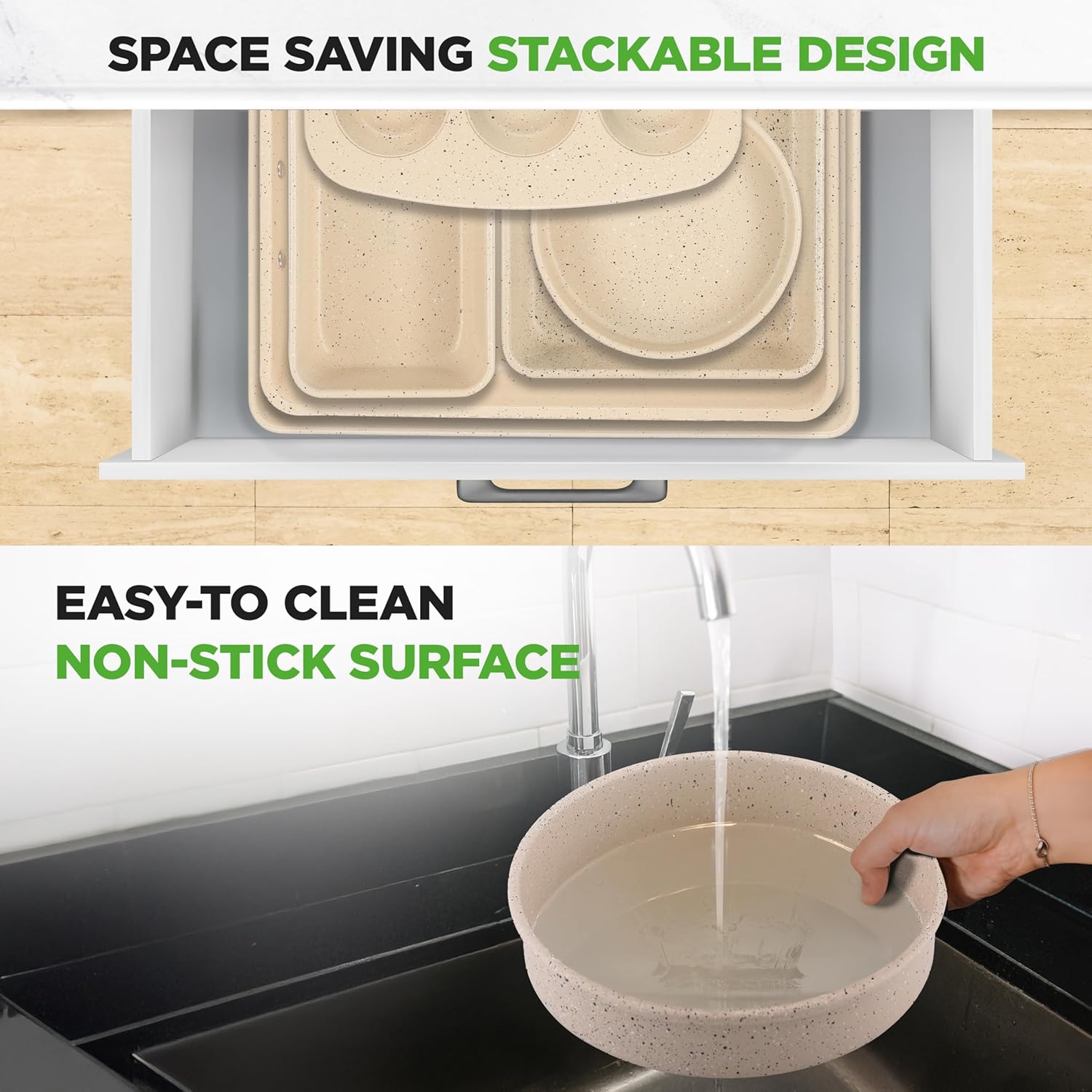 UrbanPantry: 8-Piece Stackable Bakeware Set | Carbon Steel Non-Stick Baking Pan Set | Includes Sheet, Muffin, Round, Loaf, Square Cake & Deep Pans | No PFOA & PFOS | Oven Safe to 450 F (Marble Cream)