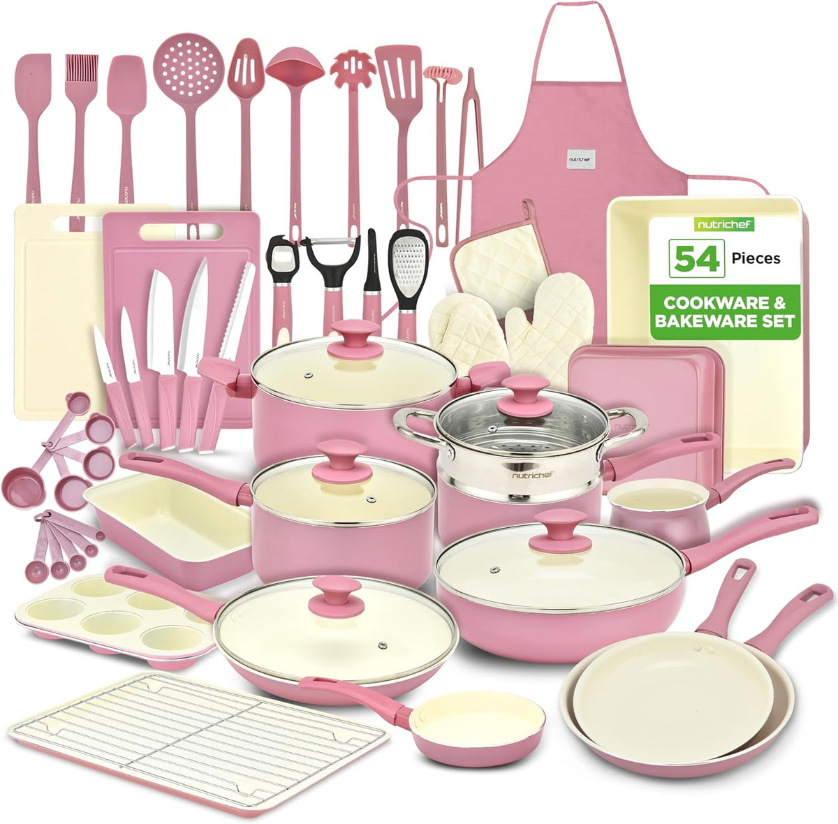 UrbanPantry:  75-Piece Non-Stick Pots and Pans Set, Complete Ceramic Cookware Set with Bakeware, Utensils, Knife Set, & Accessories, Stain-Resistant, Food-Grade Safe, Cream/Brown