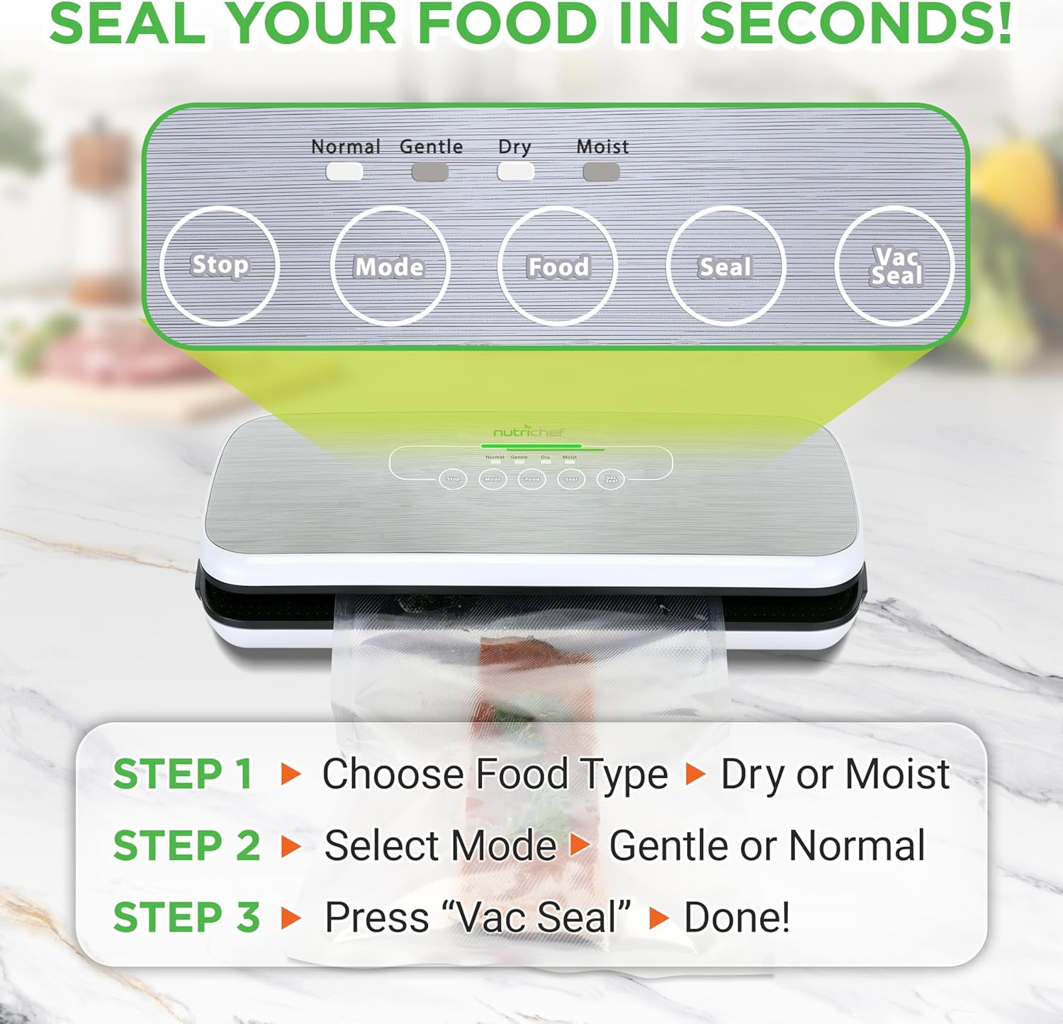 UrbanPantry: Vacuum Sealer For Food - Automatic Air Sealing Machine for Dry & Moist Foods, LED Touch Controls, Includes Vacuum Bags, Hose & Wine Stopper, High Suction Power