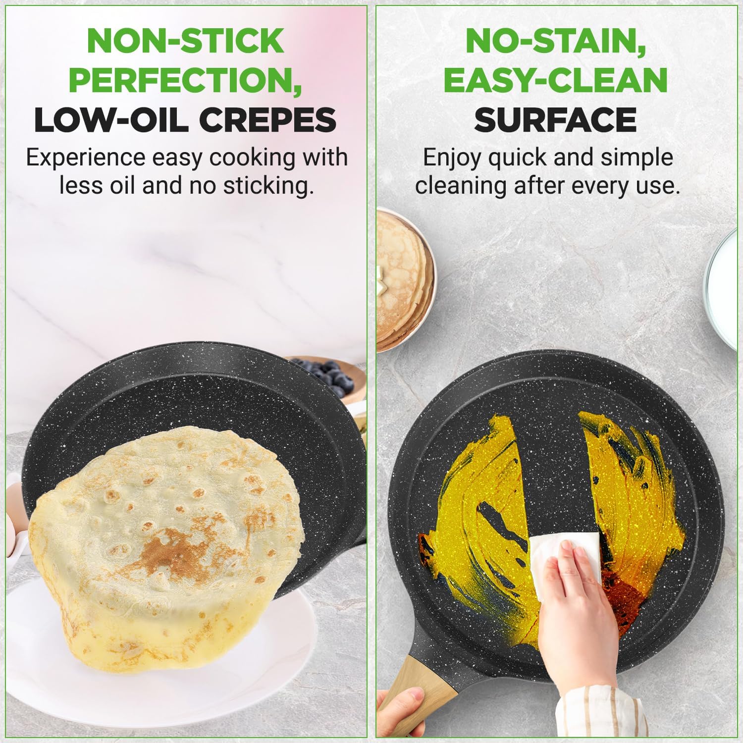 UrbanPantry: 9.45” Non-Stick Crepe Pan with Wooden Spreader, Durable Marble Coated Dosa Pan, Bakelite Handle and Induction Bottom, PFOA/PFOS Free, Dishwasher Safe, Even Heat Distribution (Black Marble)