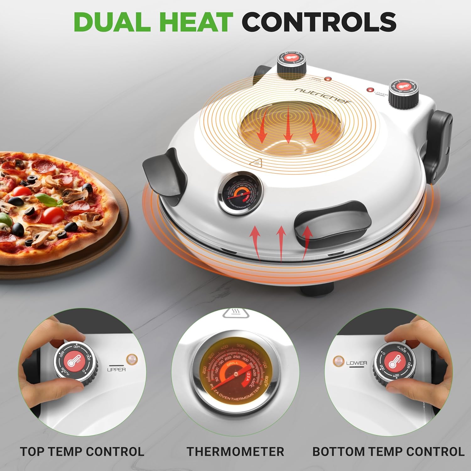 UrbanPantry:  Electric Pizza Oven | 12 Inch Countertop Pizza Maker with Temperature Control & Thermometer | Viewing Window for Precise Cooking | Heats up to 800F | Easy to Clean Non-Stick Stone | White