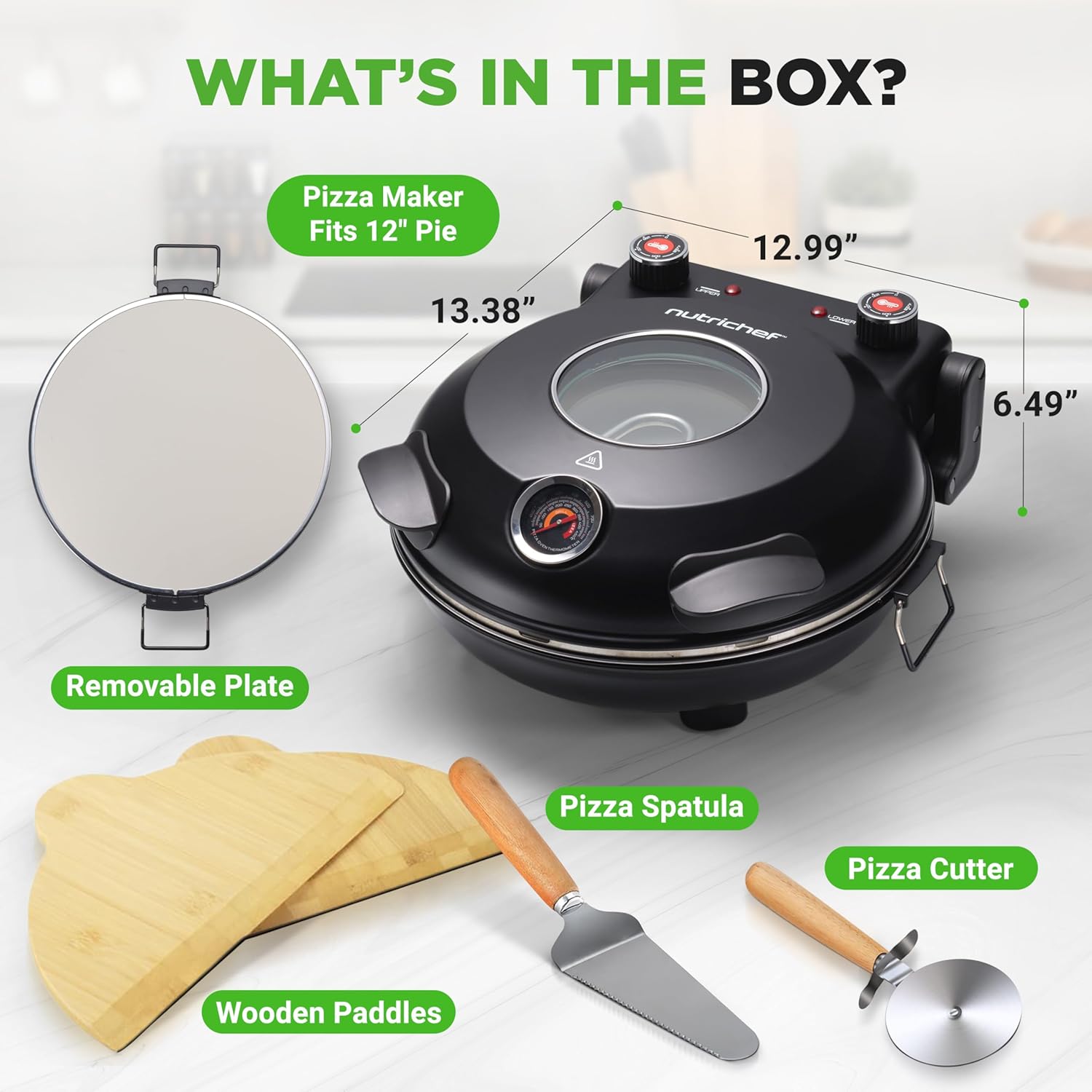 UrbanPantry:  Electric Pizza Oven | 12 Inch Countertop Pizza Maker with Temperature Control & Thermometer | Viewing Window for Precise Cooking | Heats up to 800F | Easy to Clean Non-Stick Stone | White