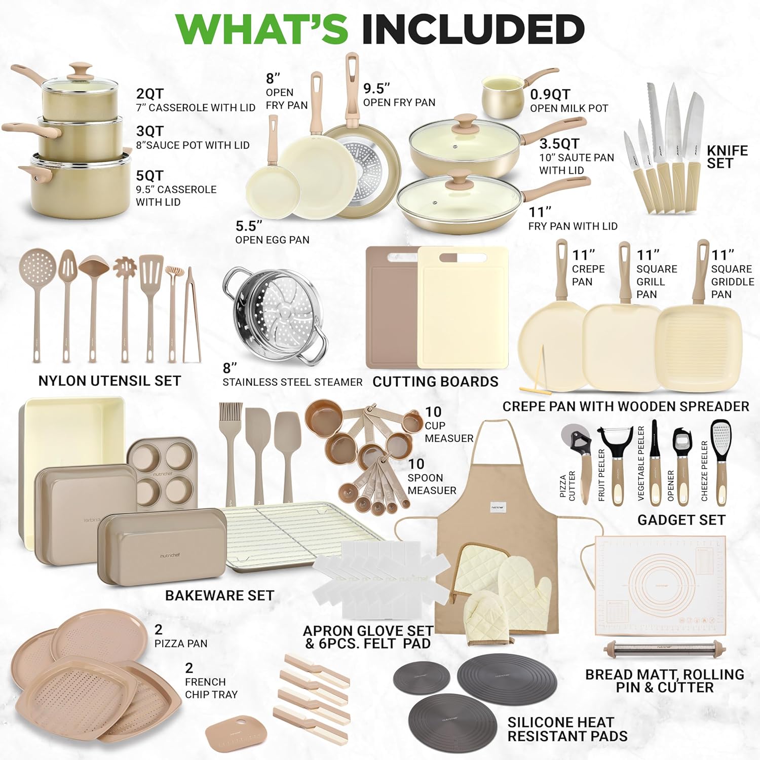UrbanPantry:  75-Piece Non-Stick Pots and Pans Set, Complete Ceramic Cookware Set with Bakeware, Utensils, Knife Set, & Accessories, Stain-Resistant, Food-Grade Safe, Cream/Brown