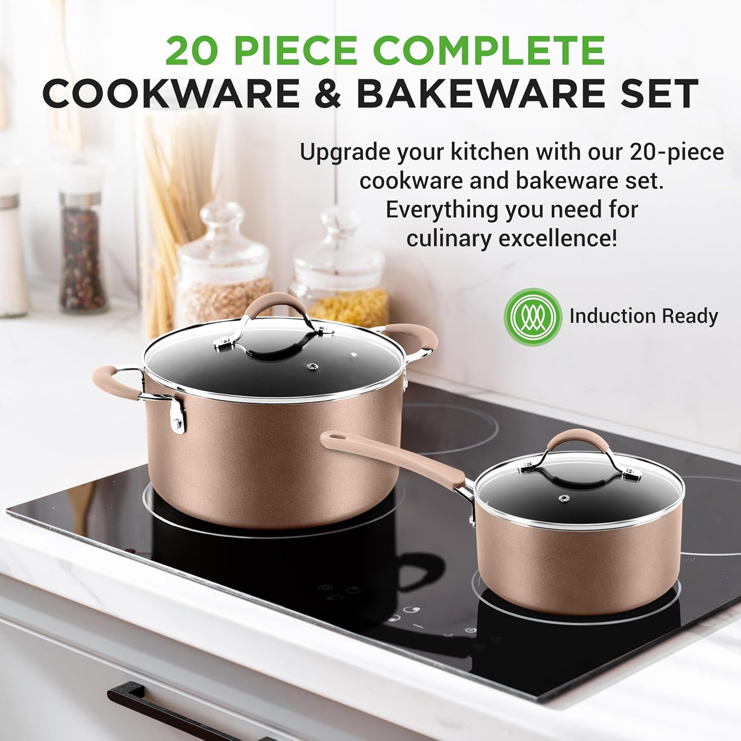 UrbanPantry: 20-Piece Non-Stick Bakeware and Cookware Set - Utensils Including Pots and Baking Pans Made with Durable Aluminum, Tempered Glass Lids, Heat-Resistant Utensils, Easy-Clean Design (White)