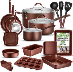 UrbanPantry: 20-Piece Non-Stick Bakeware and Cookware Set - Utensils Including Pots and Baking Pans Made with Durable Aluminum, Tempered Glass Lids, Heat-Resistant Utensils, Easy-Clean Design (White)