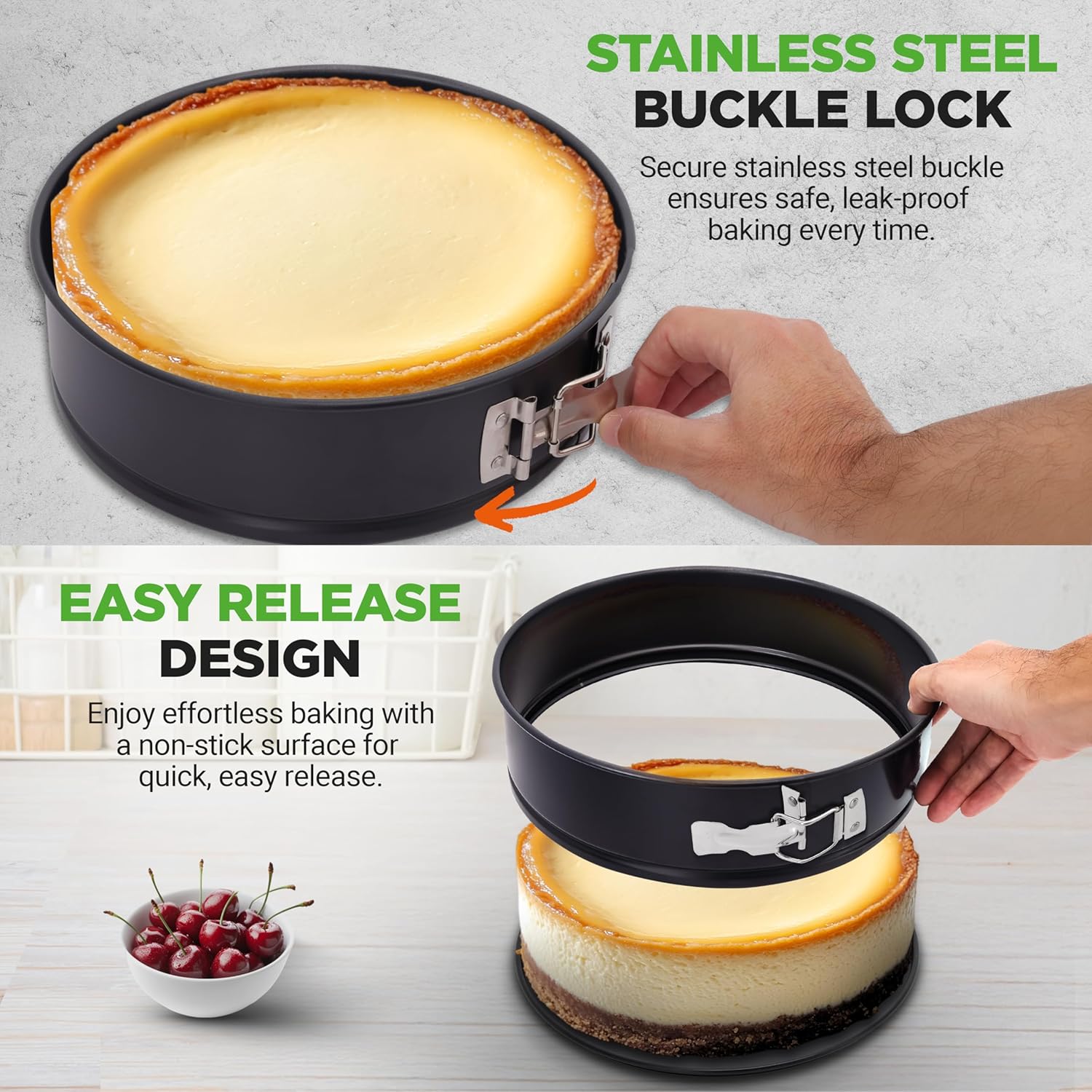 UrbanPantry: 3 Piece Nonstick Springform Pan Set | 3 Tiered Sizes 6, 8 & 10 Inch Pans | Carbon Steel Cheesecake Pans | Stainless Steel Clasps | Oven Safe to 450 F | Includes 300 Parchment Papers | Black