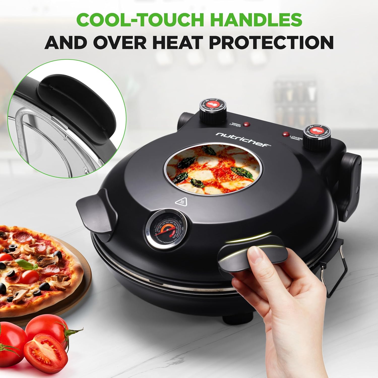 UrbanPantry:  Electric Pizza Oven | 12 Inch Countertop Pizza Maker with Temperature Control & Thermometer | Viewing Window for Precise Cooking | Heats up to 800F | Easy to Clean Non-Stick Stone | White