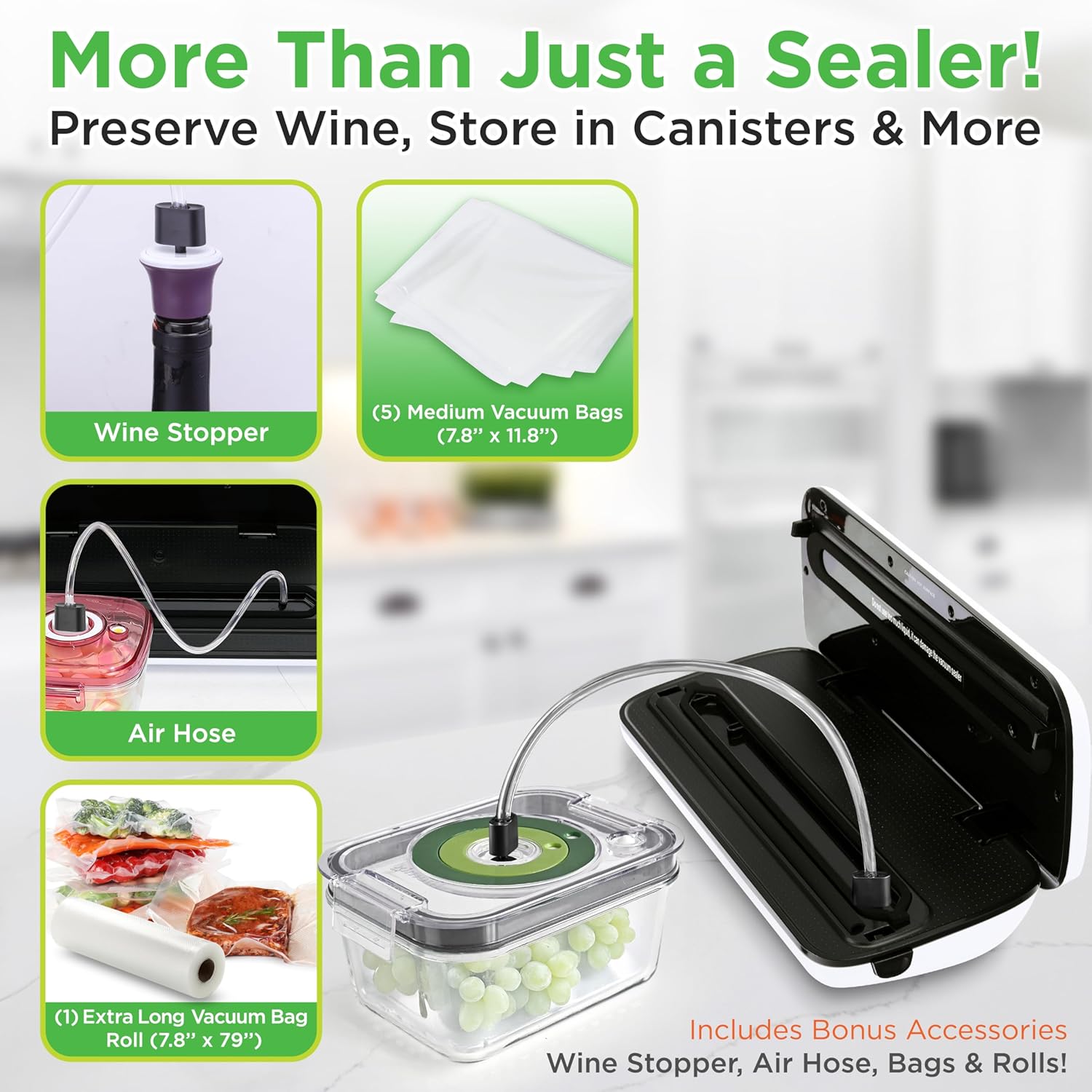 UrbanPantry: Vacuum Sealer For Food - Automatic Air Sealing Machine for Dry & Moist Foods, LED Touch Controls, Includes Vacuum Bags, Hose & Wine Stopper, High Suction Power