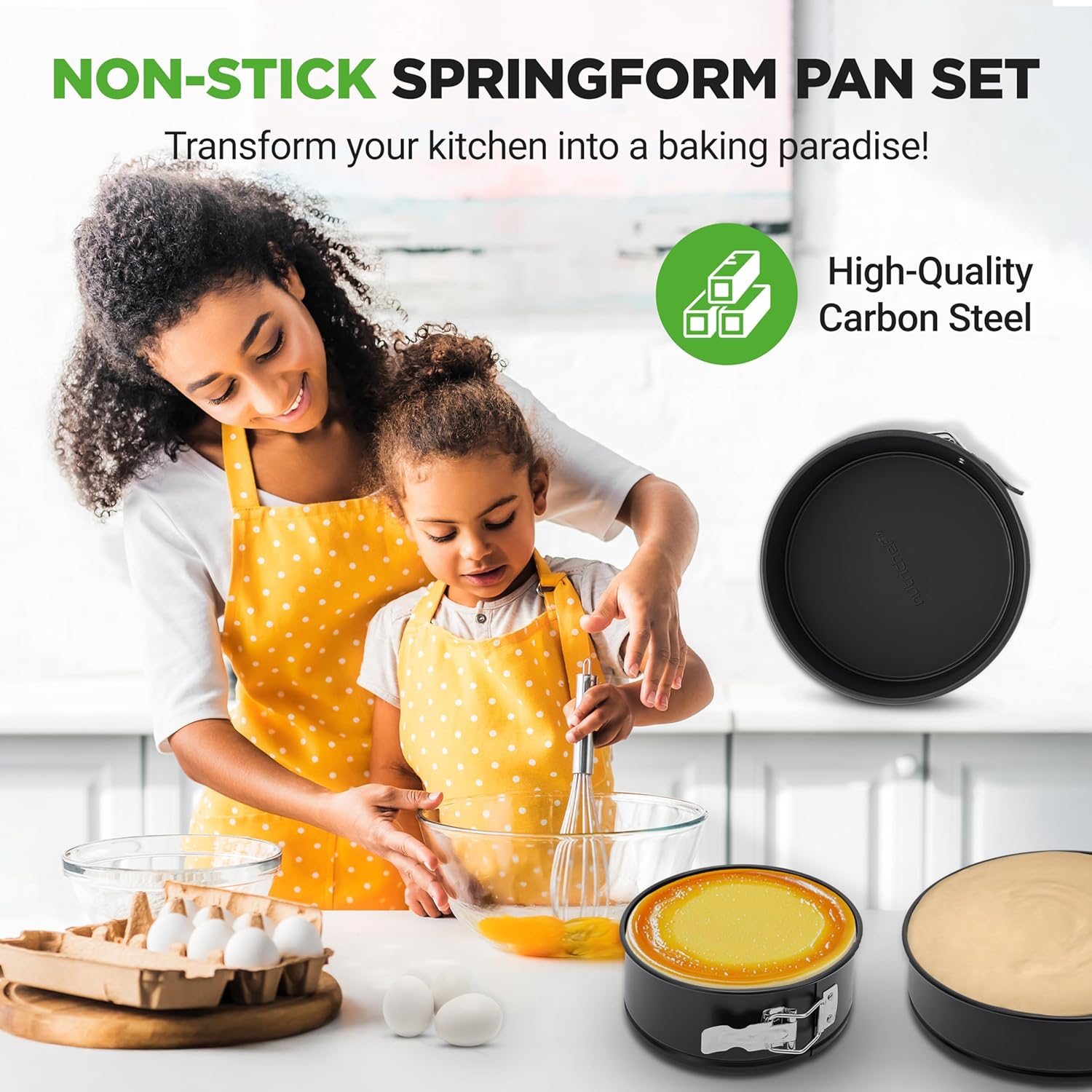 UrbanPantry: 3 Piece Nonstick Springform Pan Set | 3 Tiered Sizes 6, 8 & 10 Inch Pans | Carbon Steel Cheesecake Pans | Stainless Steel Clasps | Oven Safe to 450 F | Includes 300 Parchment Papers | Black