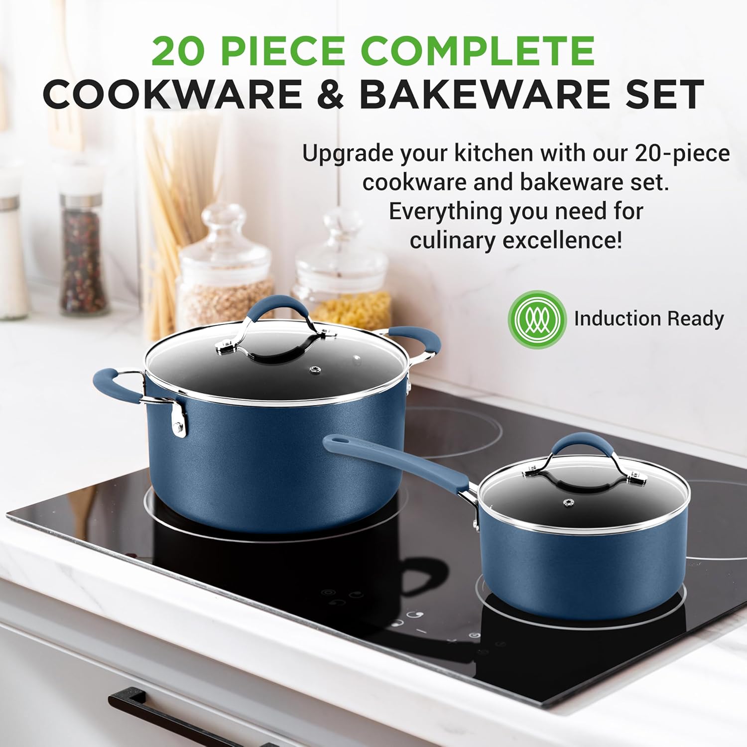 UrbanPantry: 20-Piece Non-Stick Bakeware and Cookware Set - Utensils Including Pots and Baking Pans Made with Durable Aluminum, Tempered Glass Lids, Heat-Resistant Utensils, Easy-Clean Design (White)