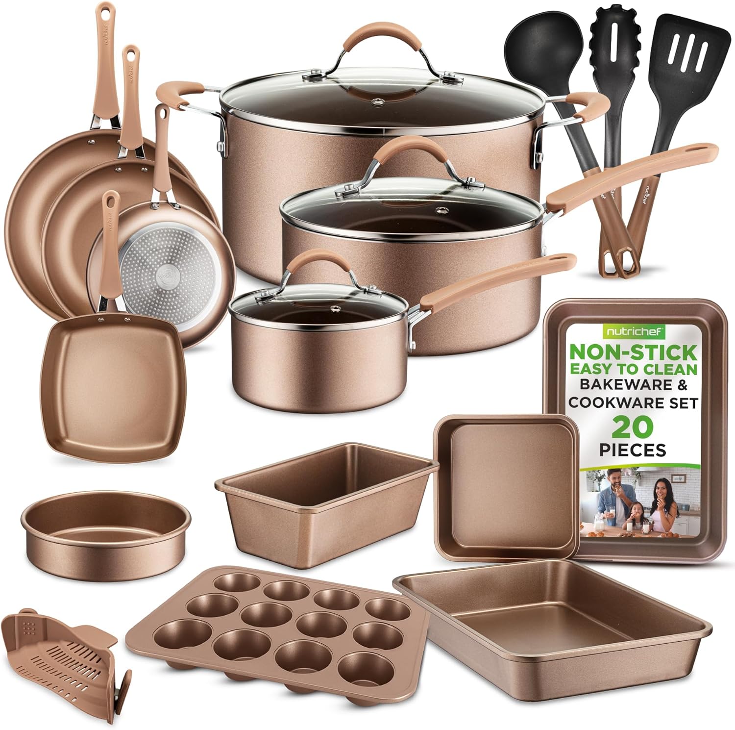 UrbanPantry: 20-Piece Non-Stick Bakeware and Cookware Set - Utensils Including Pots and Baking Pans Made with Durable Aluminum, Tempered Glass Lids, Heat-Resistant Utensils, Easy-Clean Design (White)