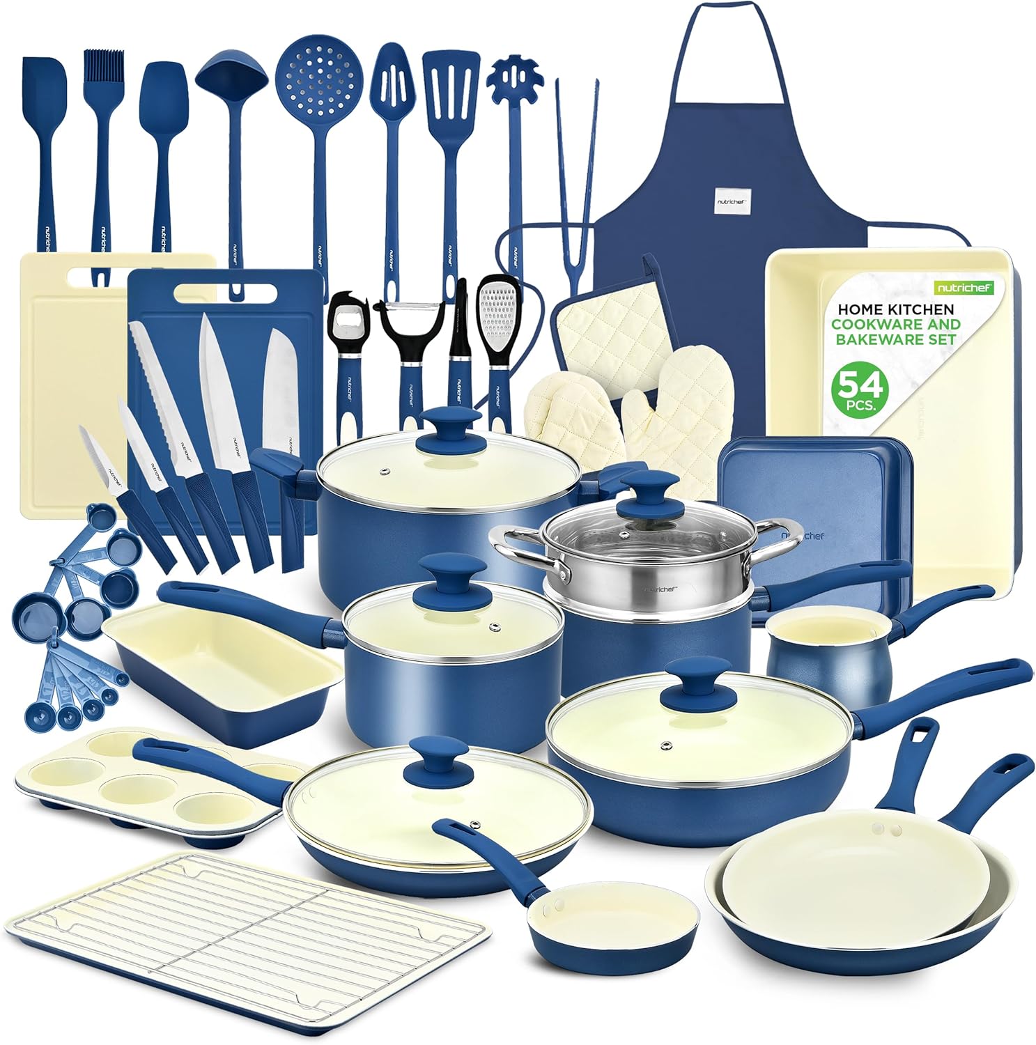 UrbanPantry:  75-Piece Non-Stick Pots and Pans Set, Complete Ceramic Cookware Set with Bakeware, Utensils, Knife Set, & Accessories, Stain-Resistant, Food-Grade Safe, Cream/Brown