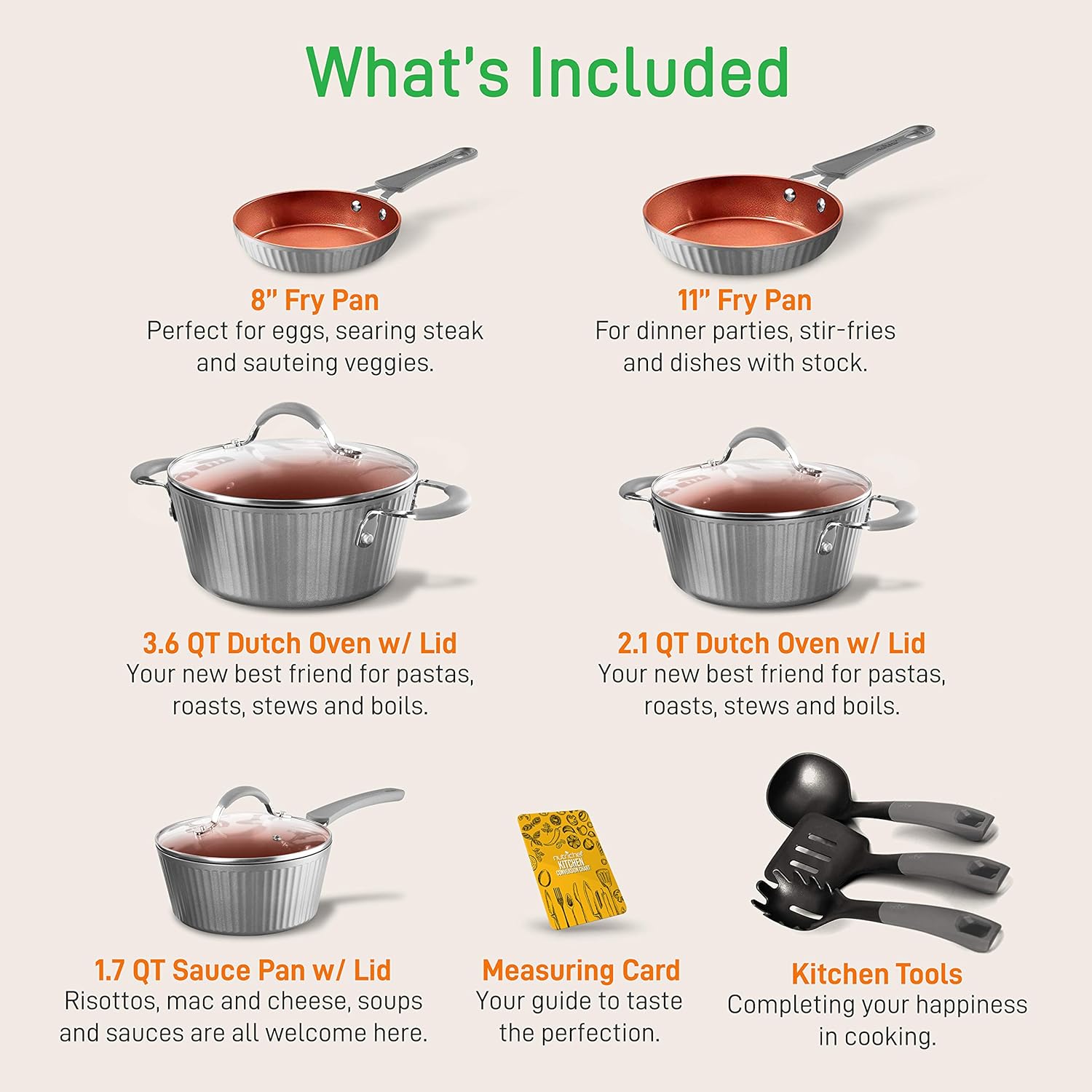 UrbanPantry: 11-Piece Kitchen Cookware Set, Non-Stick Pots and Pans, Easy-to-Clean, Kitchen Utensils Set with Ceramic Coating for Home Cooking, Induction Safe, Diamond Pattern