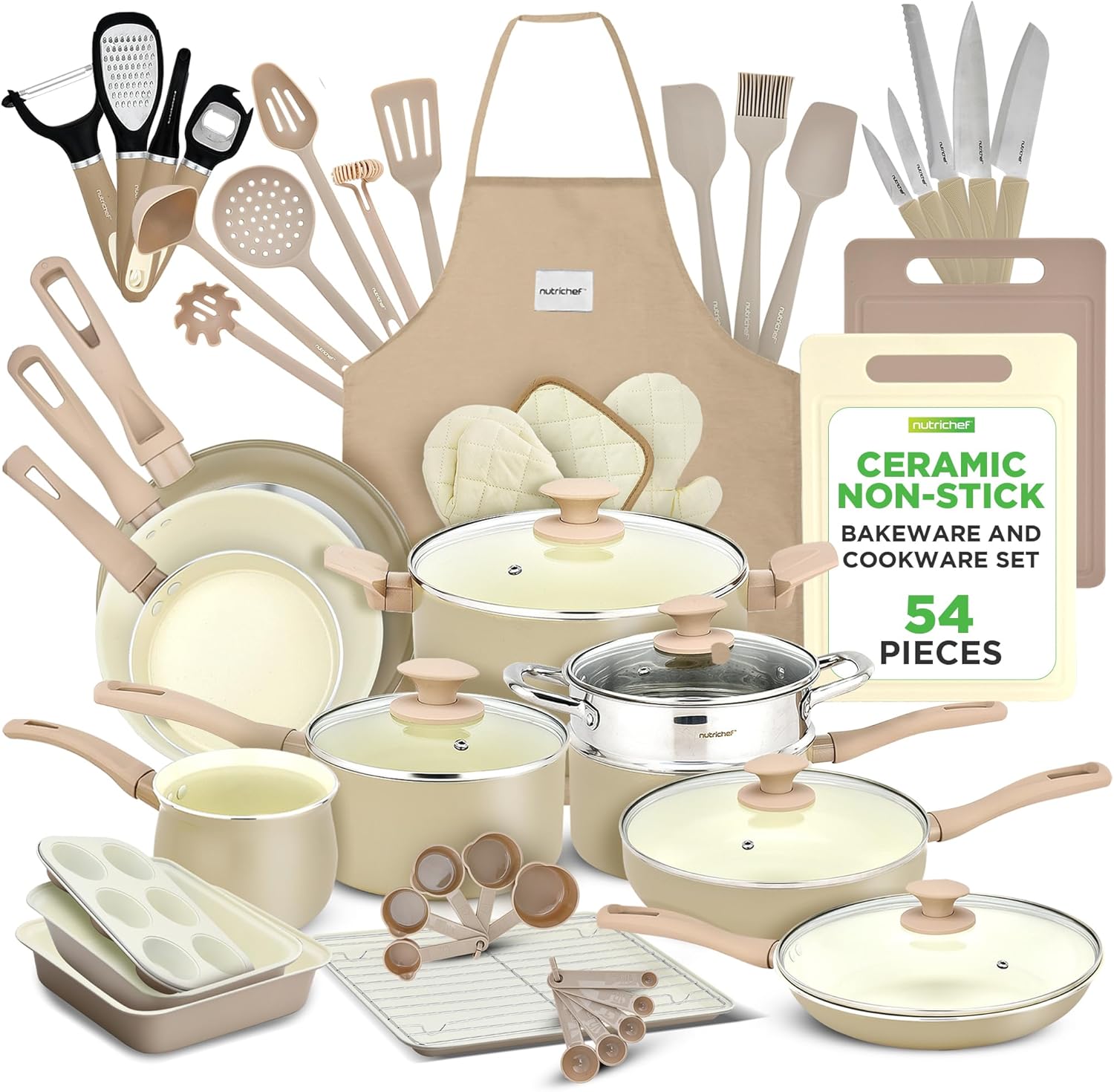 UrbanPantry:  75-Piece Non-Stick Pots and Pans Set, Complete Ceramic Cookware Set with Bakeware, Utensils, Knife Set, & Accessories, Stain-Resistant, Food-Grade Safe, Cream/Brown