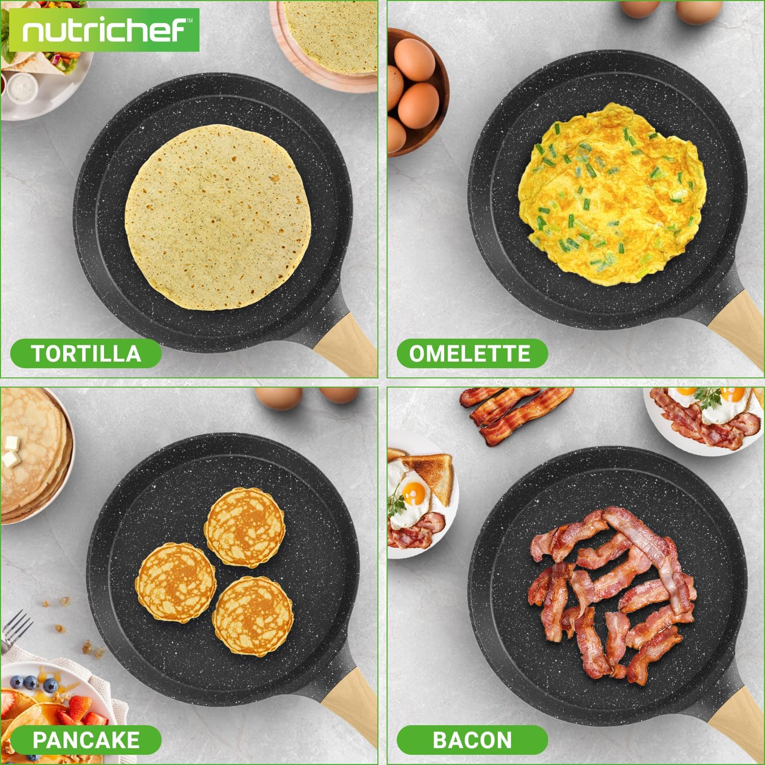UrbanPantry: 9.45” Non-Stick Crepe Pan with Wooden Spreader, Durable Marble Coated Dosa Pan, Bakelite Handle and Induction Bottom, PFOA/PFOS Free, Dishwasher Safe, Even Heat Distribution (Black Marble)