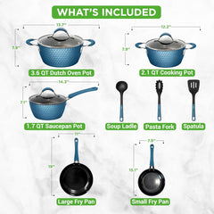 UrbanPantry: 11-Piece Kitchen Cookware Set, Non-Stick Pots and Pans, Easy-to-Clean, Kitchen Utensils Set with Ceramic Coating for Home Cooking, Induction Safe, Diamond Pattern