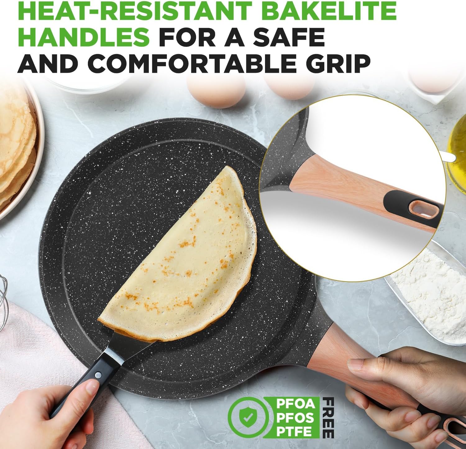 UrbanPantry: 9.45” Non-Stick Crepe Pan with Wooden Spreader, Durable Marble Coated Dosa Pan, Bakelite Handle and Induction Bottom, PFOA/PFOS Free, Dishwasher Safe, Even Heat Distribution (Black Marble)