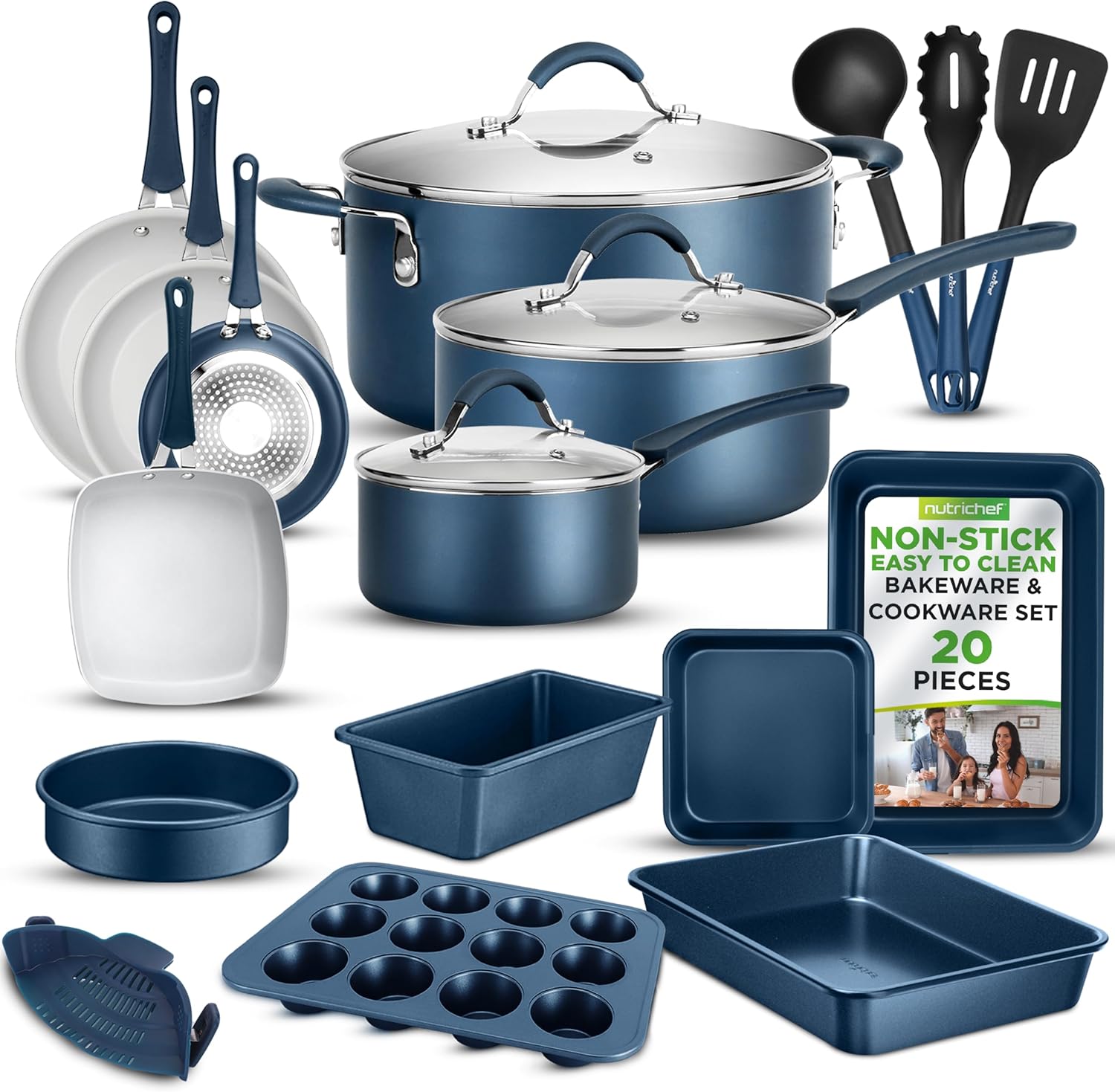 UrbanPantry: 20-Piece Non-Stick Bakeware and Cookware Set - Utensils Including Pots and Baking Pans Made with Durable Aluminum, Tempered Glass Lids, Heat-Resistant Utensils, Easy-Clean Design (White)