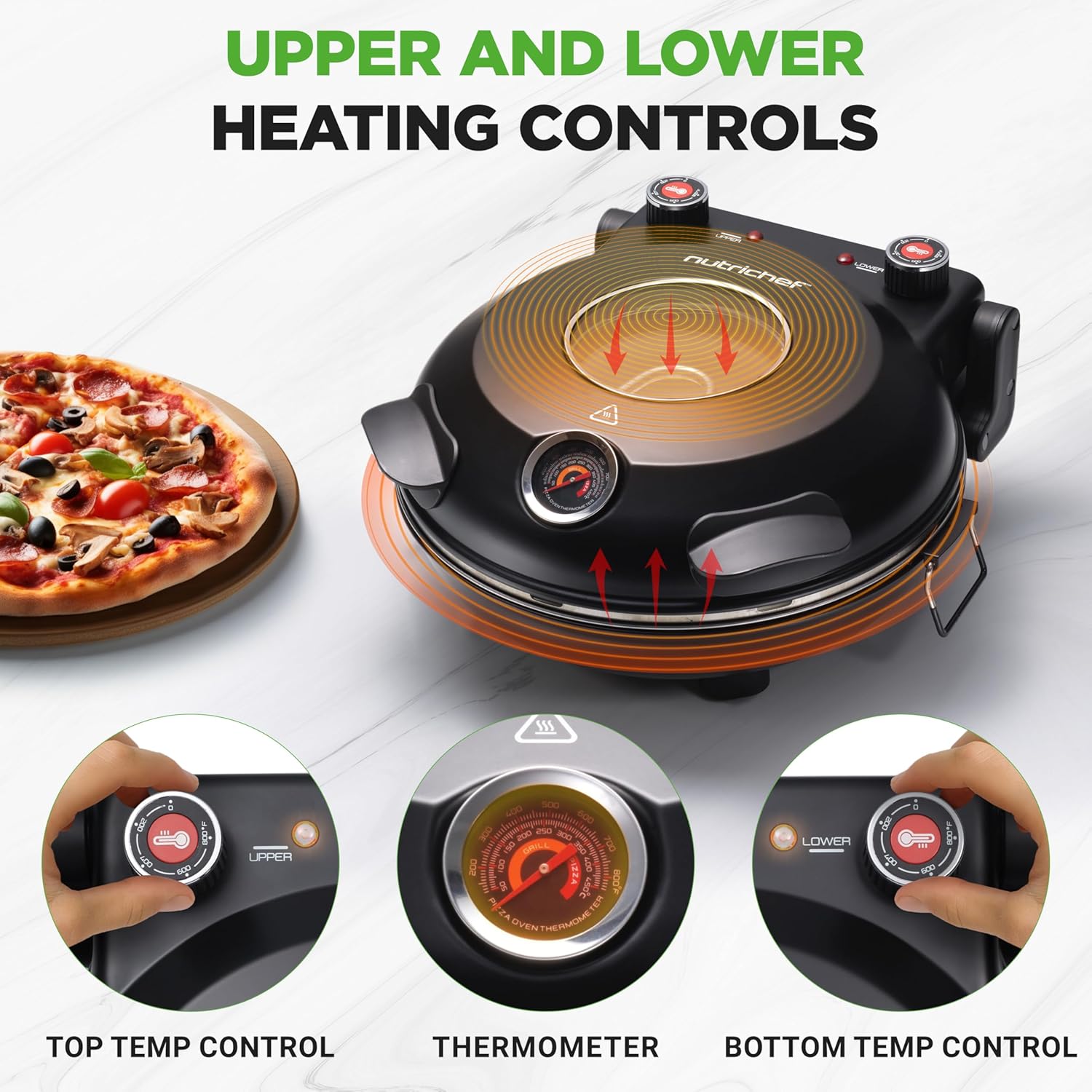UrbanPantry:  Electric Pizza Oven | 12 Inch Countertop Pizza Maker with Temperature Control & Thermometer | Viewing Window for Precise Cooking | Heats up to 800F | Easy to Clean Non-Stick Stone | White