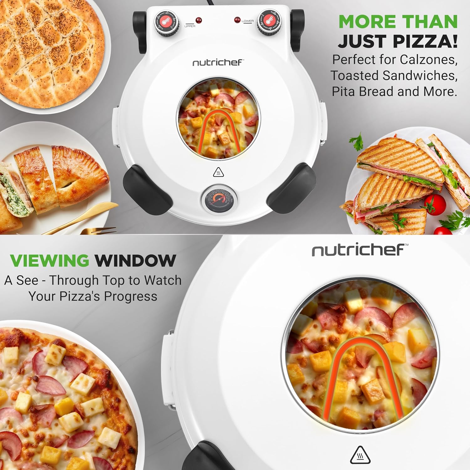 UrbanPantry:  Electric Pizza Oven | 12 Inch Countertop Pizza Maker with Temperature Control & Thermometer | Viewing Window for Precise Cooking | Heats up to 800F | Easy to Clean Non-Stick Stone | White