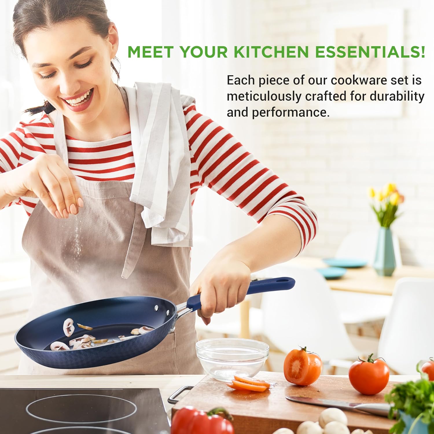 UrbanPantry: 11-Piece Kitchen Cookware Set, Non-Stick Pots and Pans, Easy-to-Clean, Kitchen Utensils Set with Ceramic Coating for Home Cooking, Induction Safe, Diamond Pattern