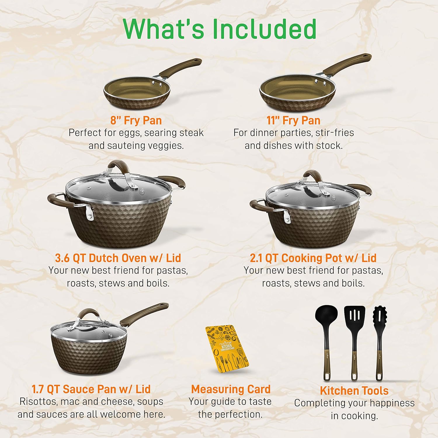 UrbanPantry: 11-Piece Kitchen Cookware Set, Non-Stick Pots and Pans, Easy-to-Clean, Kitchen Utensils Set with Ceramic Coating for Home Cooking, Induction Safe, Diamond Pattern