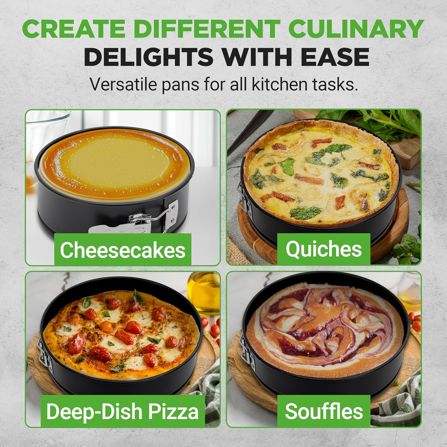 UrbanPantry: 3 Piece Nonstick Springform Pan Set | 3 Tiered Sizes 6, 8 & 10 Inch Pans | Carbon Steel Cheesecake Pans | Stainless Steel Clasps | Oven Safe to 450 F | Includes 300 Parchment Papers | Black