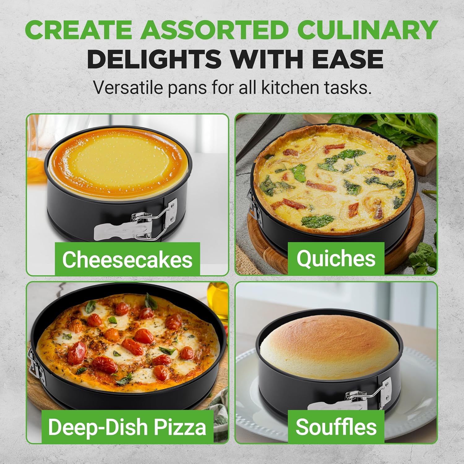 UrbanPantry: 3 Piece Nonstick Springform Pan Set | 3 Tiered Sizes 6, 8 & 10 Inch Pans | Carbon Steel Cheesecake Pans | Stainless Steel Clasps | Oven Safe to 450 F | Includes 300 Parchment Papers | Black