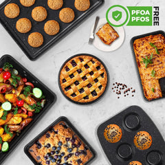 UrbanPantry: 8-Piece Stackable Bakeware Set | Carbon Steel Non-Stick Baking Pan Set | Includes Sheet, Muffin, Round, Loaf, Square Cake & Deep Pans | No PFOA & PFOS | Oven Safe to 450 F (Marble Cream)