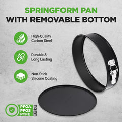 UrbanPantry: 3 Piece Nonstick Springform Pan Set | 3 Tiered Sizes 6, 8 & 10 Inch Pans | Carbon Steel Cheesecake Pans | Stainless Steel Clasps | Oven Safe to 450 F | Includes 300 Parchment Papers | Black