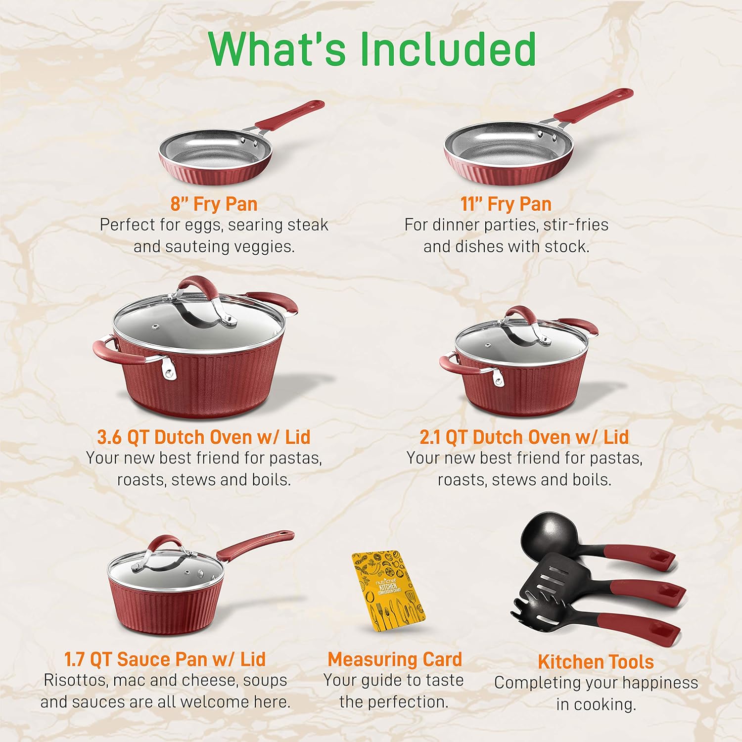 UrbanPantry: 11-Piece Kitchen Cookware Set, Non-Stick Pots and Pans, Easy-to-Clean, Kitchen Utensils Set with Ceramic Coating for Home Cooking, Induction Safe, Diamond Pattern